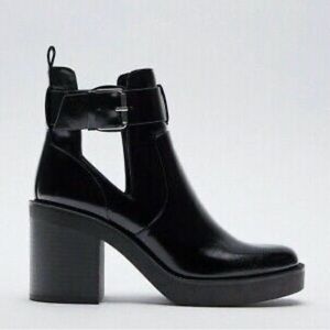 Zara Block Heel Black Patent Ankle Boots